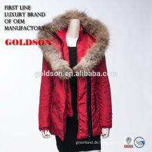 Rote Damen Sexy Winterjacke OEM China mit großem Waschbär Pelz